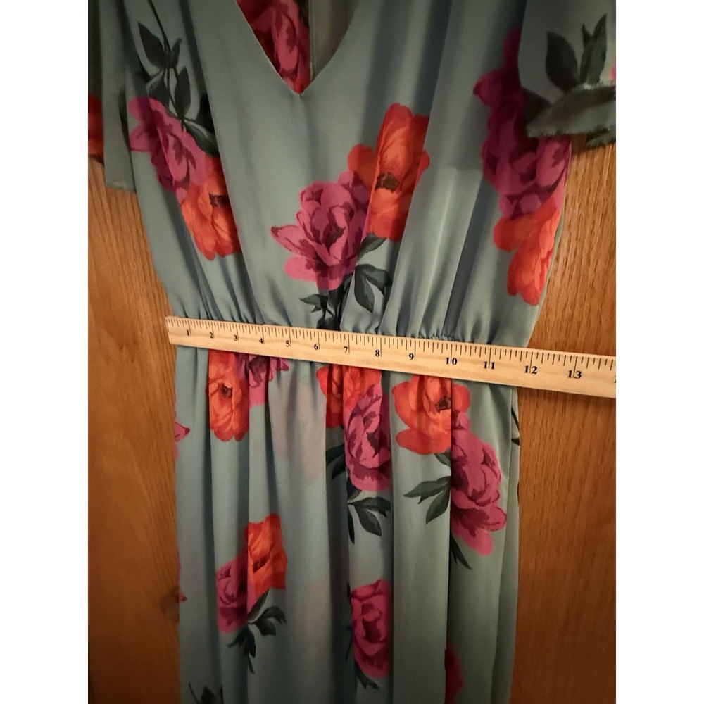 Vintage Charlotte Russe Dress Wm M Green Pink Red Roses Midi to Maxi Faux Wrap - Picture 6 of 9